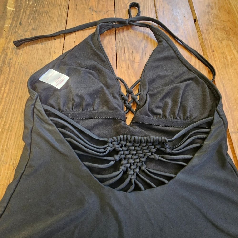 Swimsuit Black Halter One-Piece with Lace Up Crochet Detail Women Size L Beach